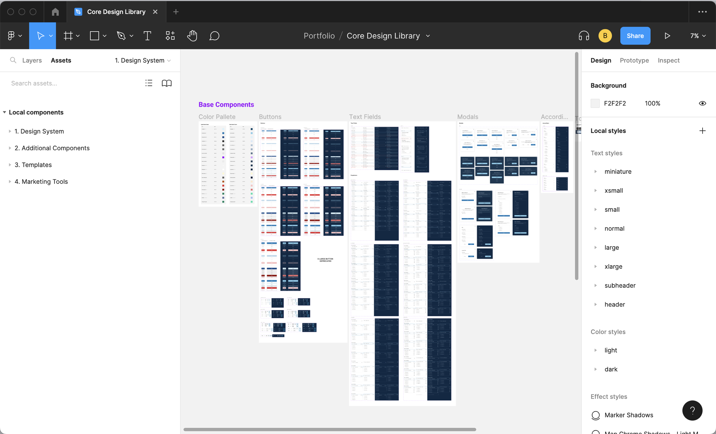 Base components of the design system, including color palette, buttons, text fields, modals, and toasts